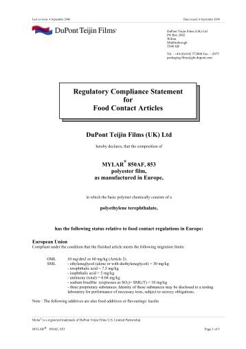 Compliance statement for food contact - mylar 850af & 853