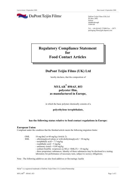 Compliance statement for food contact - mylar 850af & 853