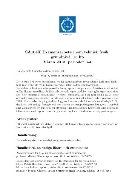 SA104X Examensarbete inom teknisk fysik, grundnivËa, 15 hp V ...