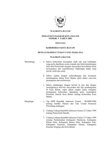 walikota batam peraturan daerah kota batam nomor 5 tahun 2001