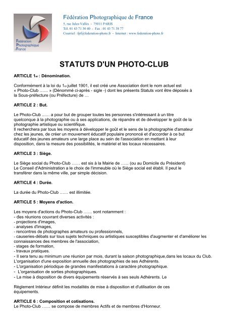 statuts d'un photo-club - FÃ©dÃ©ration Photographique de France