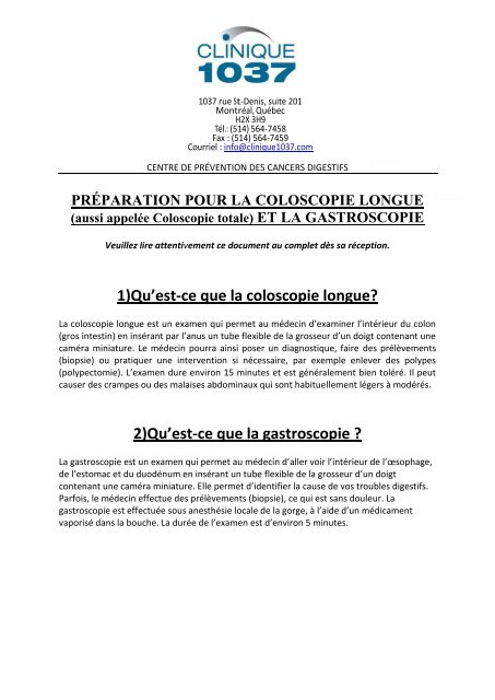 1)Qu'est-ce que la coloscopie longue? 2)Qu'est-ce ... - Clinique 1037