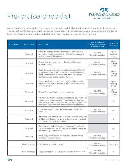 Pre-cruise checklist - OneSource - Princess Cruises