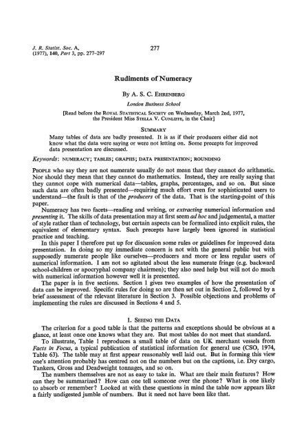 Rudiments of Numeracy by A.S.C.Ehrenberg - School of Mathematics