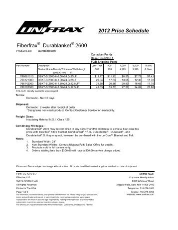 2012 Price Schedule Fiberfrax Durablanket 2600 - Unifrax