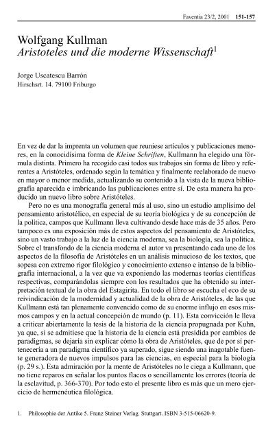Wolfgang Kullman Aristoteles und die moderne Wissenschaft