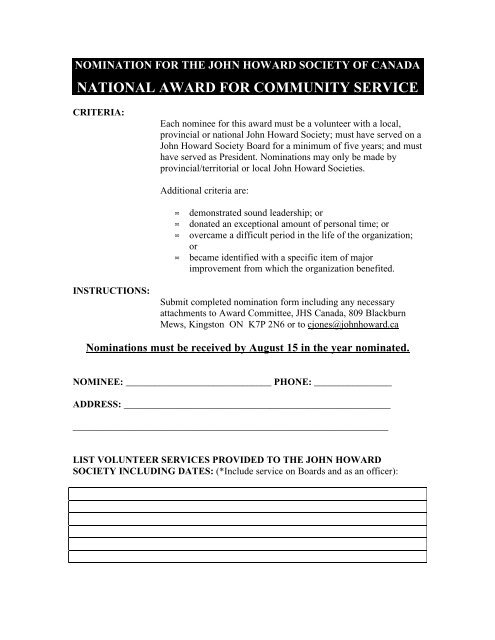 Nomination Forms - The John Howard Society of Canada