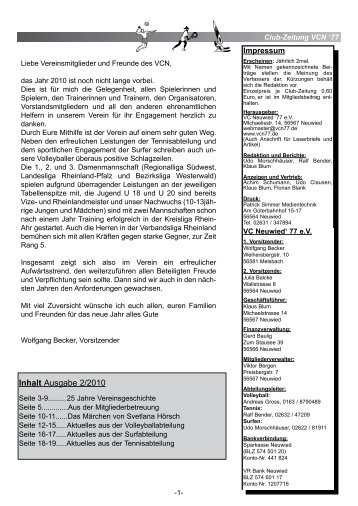 VCN 77 Clubzeitung Ausgabe Frühjahr 2011 - VC Neuwied ´77