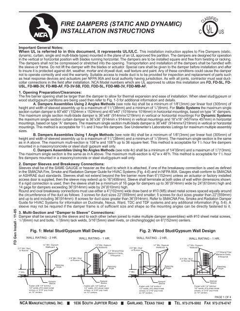 Installation Instructions - Fire Dampers - NCA Manufacturing