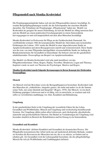 Pflegemodell Nach Monika Krohwinkel Pg - 