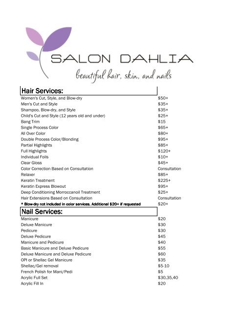 Price List. - Salon Dahlia