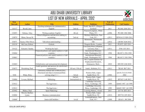 abu dhabi university library list of new arrivals - april 2012