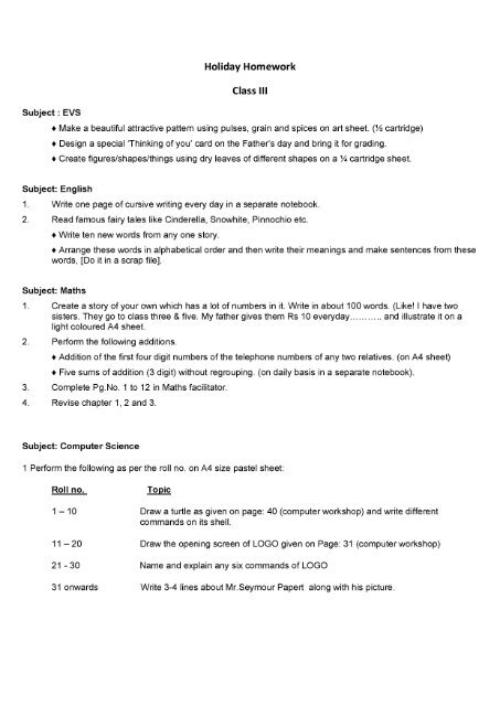 science summer holiday homework for class 3