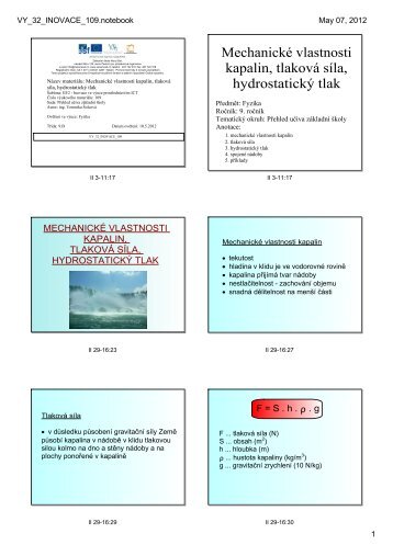 Mechanické vlastnosti kapalin, tlaková síla, hydrostatický tlak