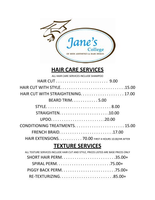 Retirada Electropositivo Amplificador hair care services - Jane's College of Medi Aesthetics &amp; Hair Design