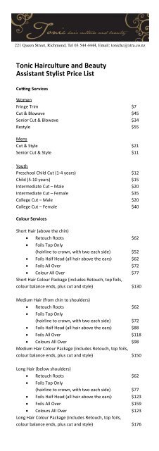 Assistant Hair Stylist Price List Tonic Hair Culture And Beauty