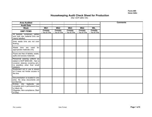 Housekeeping Audit Check Sheet for Production