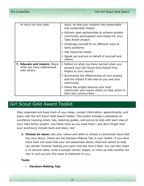 Gold Award Guidelines - the Girl Scouts, Hornets' Nest Council.