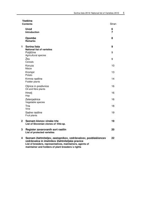 Sortna lista poljÅ¡Äin, zelenjadnic in trte za leto 2010 - Fitosanitarna ...