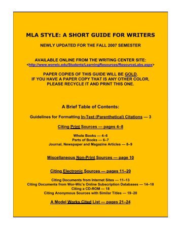 mla style: a short guide for writers - Wor-Wic Community College