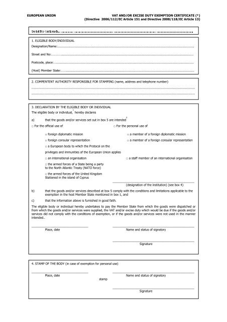 EUROPEAN UNION VAT AND/OR EXCISE DUTY EXEMPTION ...