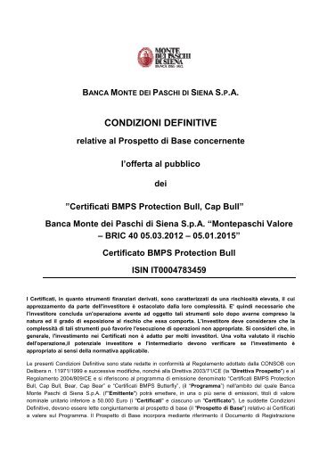 Certificato BMPS Protection Bull ISIN IT0004783459