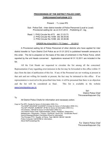 Inter Dist.Transfer (GE)- Waiting List - Thiruvananthapuram City Police