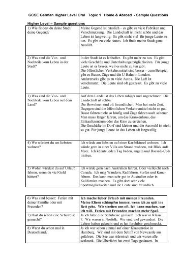 GCSE German Higher Level Oral Topic 1 Home & Abroad - Sample ...