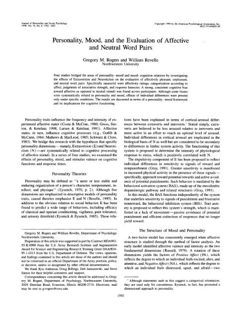 Personality Mood And The Evaluation Of Affective And Neutral Word Personality Mood And The Evaluation Of Affective And Neutral Word