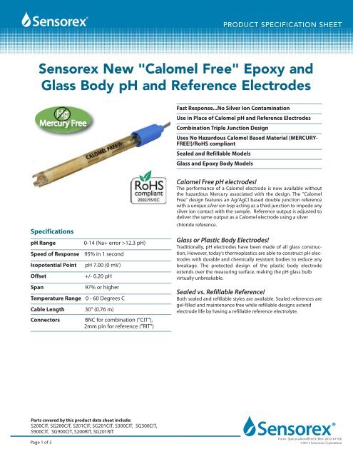 Calomel Free pH & Reference Sensor Specifications - Sensorex