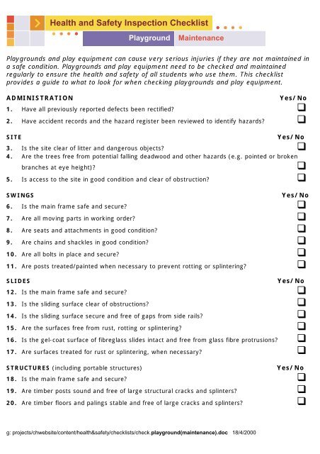 Playground Safety Inspection Sheet