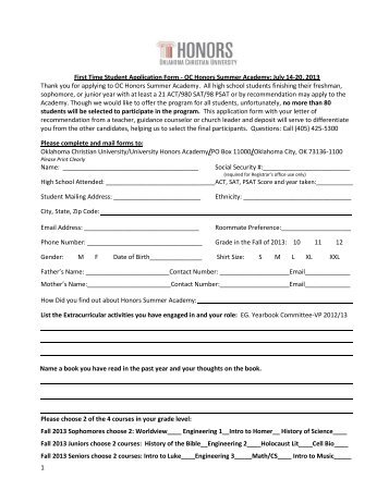 1 First Time Student Application Form - OC Honors Summer Academy