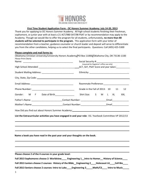 1 First Time Student Application Form - OC Honors Summer Academy