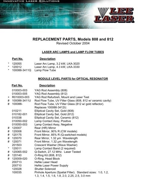 REPLACEMENT PARTS, Models 808 and 812 - Lee Laser, Inc.