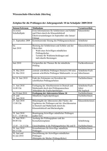 Wiesenschule-Oberschule Jüterbog Zeitplan für die Prüfungen der ...