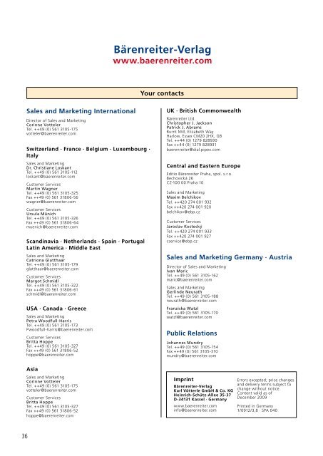 Bärenreiter The Programme New Publications Sheet Music 1/2010