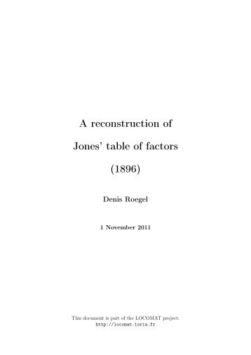 A reconstruction of Jones' table of factors (1896) - LOCOMAT: The ...