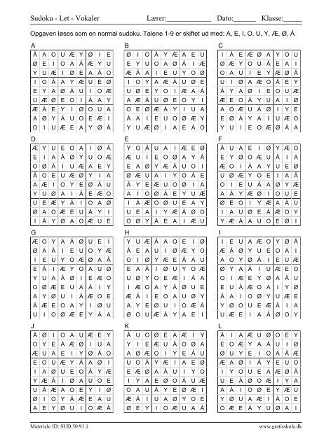Sudoku - Let - Vokaler Navn: Klasse - GratisSkole.dk