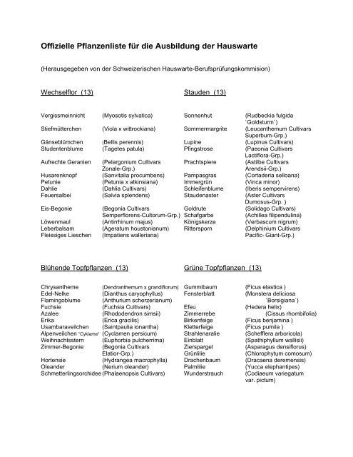 Offizielle Pflanzenliste für die Ausbildung der Hauswarte