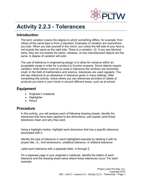 Activity 2.2.3 - Tolerances - Troy High School