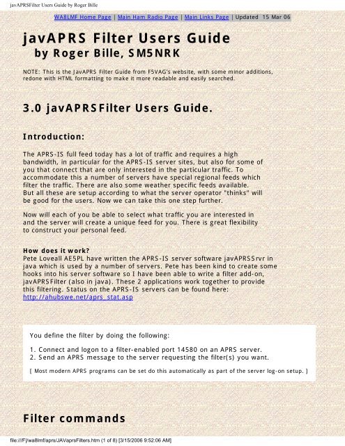 javAPRSFilter Users Guide by Roger Bille - WA8LMF