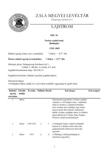 Lajstrom - Zala Megyei LevÃ©ltÃ¡r