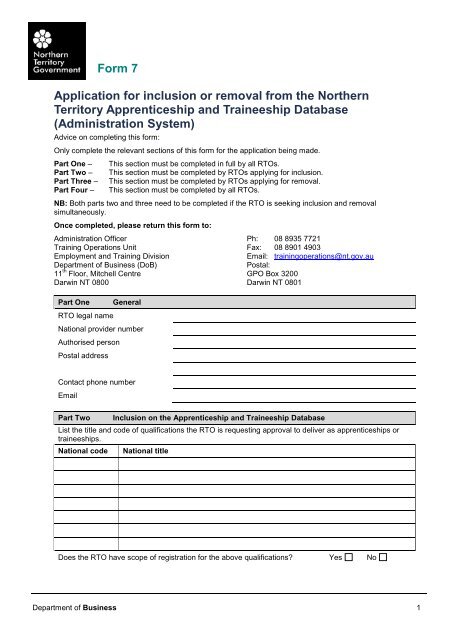 Form 7 Application for inclusion or removal from the Northern ...