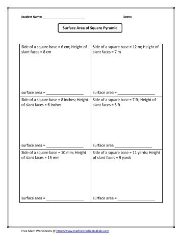 Surface area of square pyramid - Math Worksheets For Kids