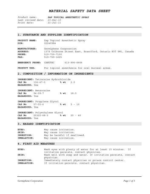 Zap Topical Anesthetic Spray - Germiphene