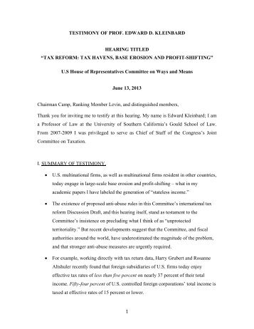 1 TESTIMONY OF PROF. EDWARD D. KLEINBARD HEARING ...