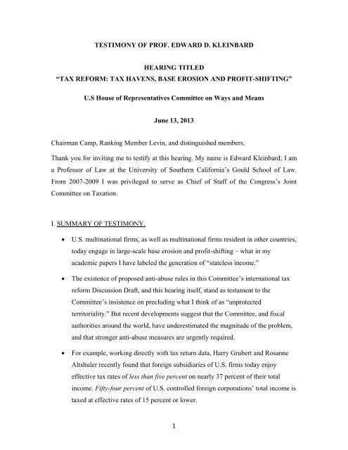 1 TESTIMONY OF PROF. EDWARD D. KLEINBARD HEARING ...