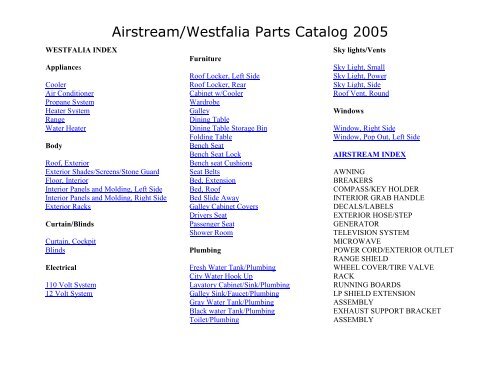 Airstream/Westfalia Parts Catalog 2005