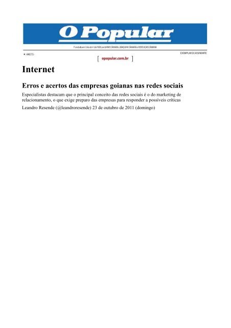 Internet Erros e acertos das empresas goianas nas redes ... - TRT18