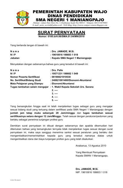 Surat Pernyataan dari Kepala Sekolah